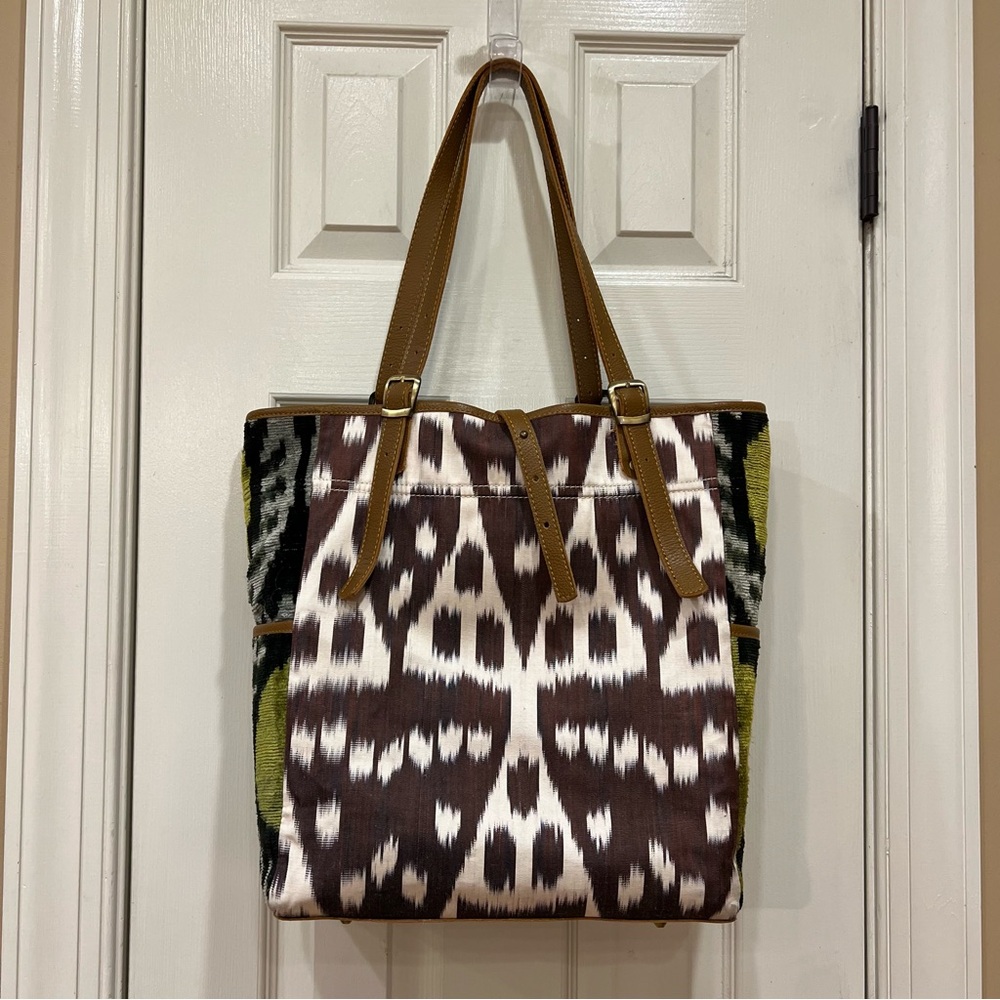 Anthropologie Silk Velvet Ikat Tote Leather Handles Resistant Interior Zengarage